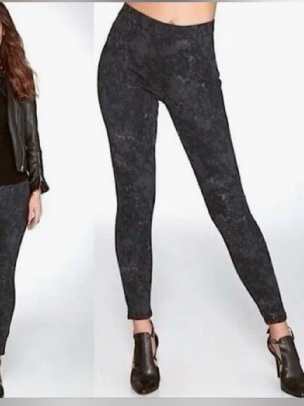 Spanx Jean -Ish High-Waist Black and gray Leather washed Marble Leggings 3X